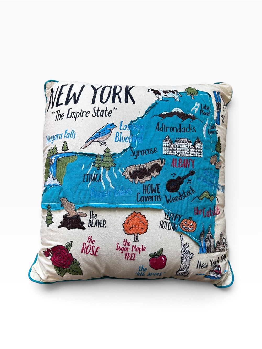 New York State Map Decorative Embroidered Throw Pillow - Teal & White